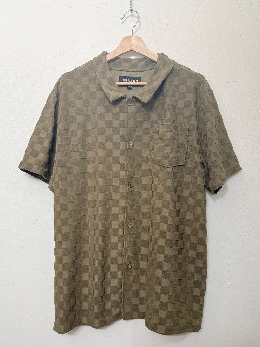 Reason Men's Olive Checker Short Sleeve Button-Up Shirt